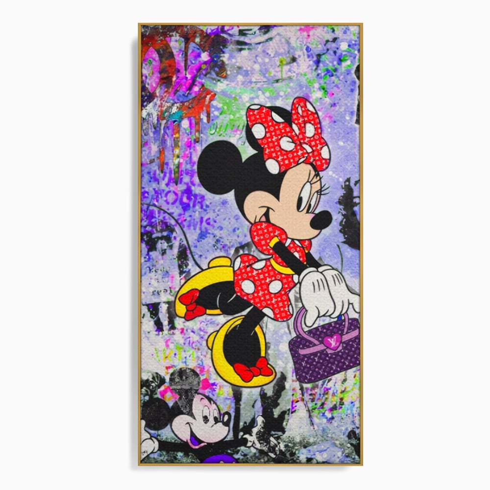 Tablou canvas cu tablou canvas cu minnie mouse stil pop art, in rama de aluminiu auriu