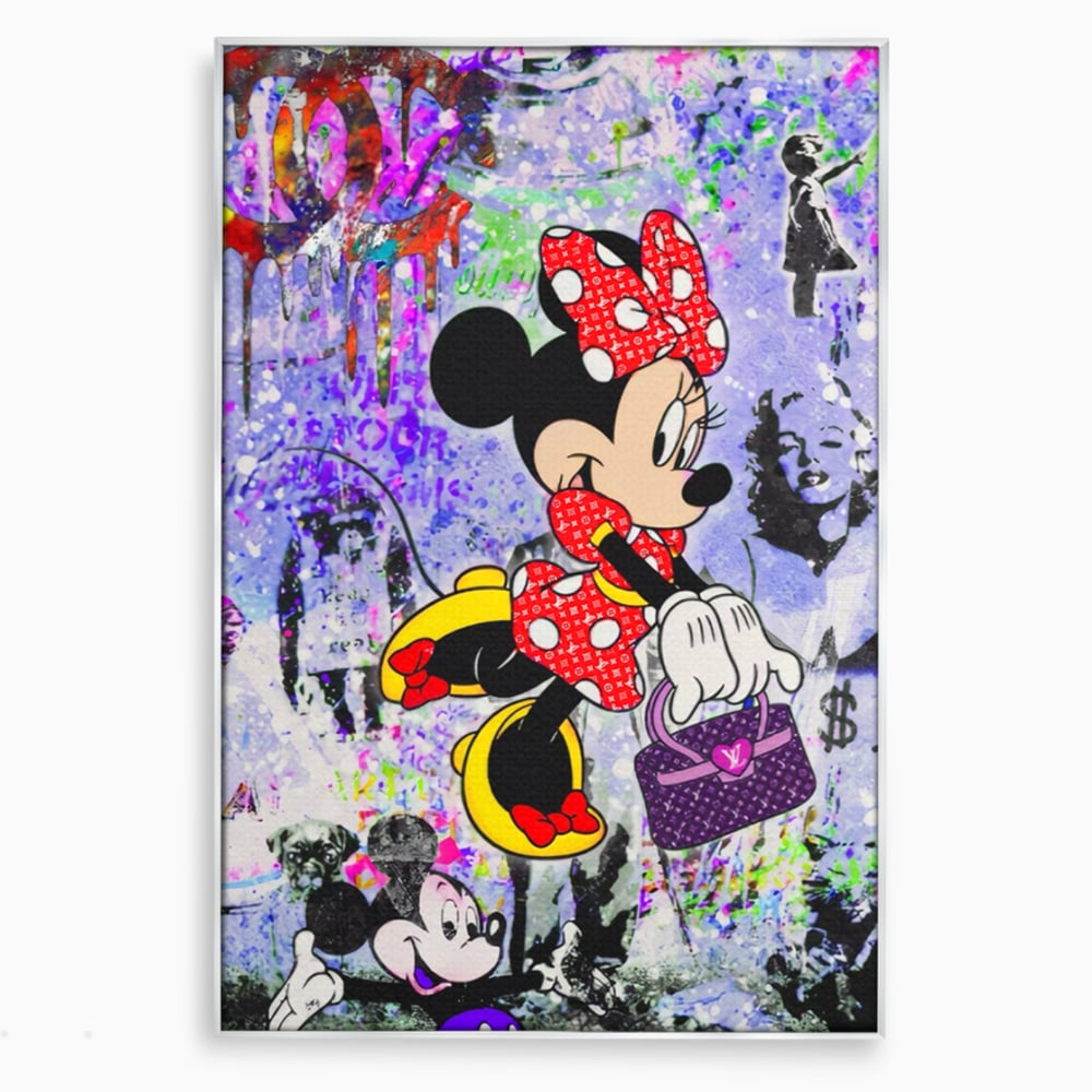 Tablou canvas cu tablou canvas cu minnie mouse stil pop art, in rama de aluminiu argintiu
