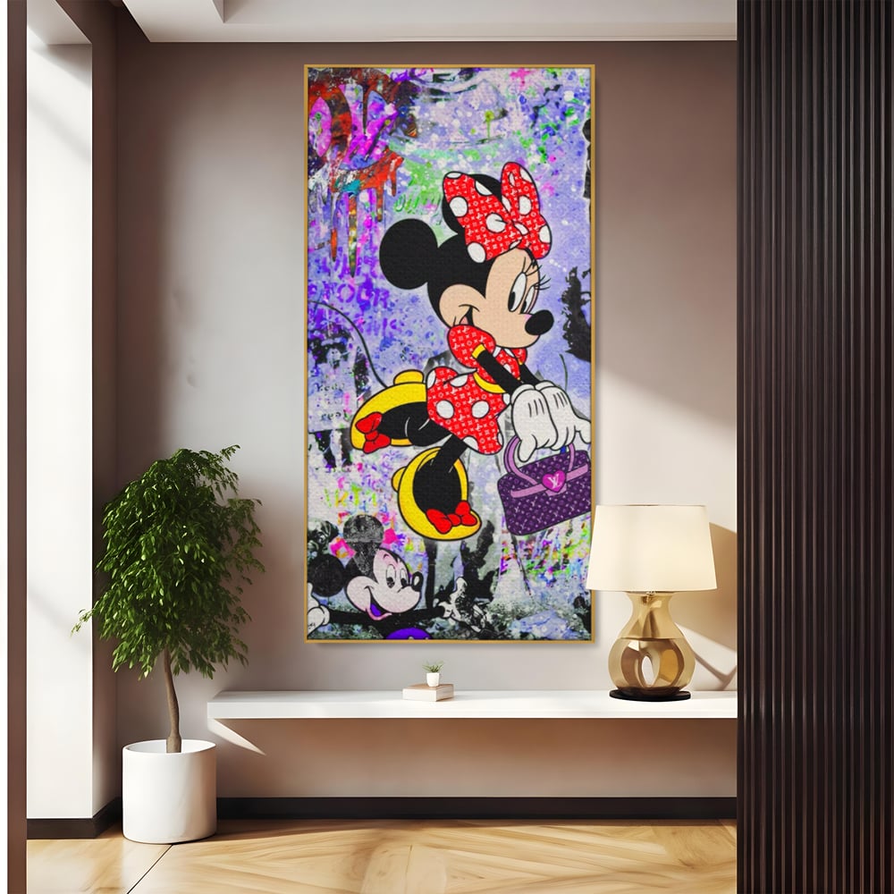 Tablou canvas cu tablou canvas cu minnie mouse stil pop art, in rama de aluminiu auriu