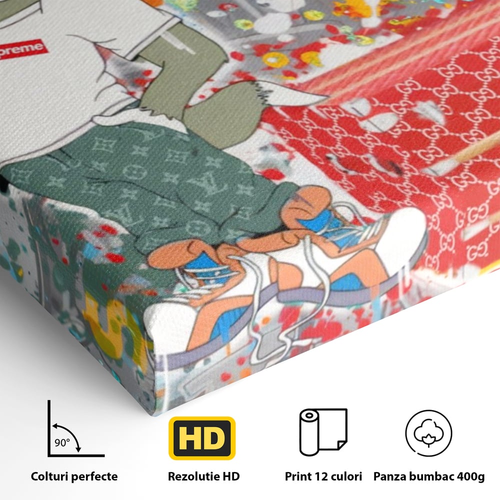 Detaliu al suprafetei: tablou canvas cu tom si jerry, fara rama, pe sasiu de lemn