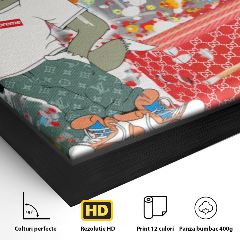 Detaliu al suprafetei: tablou canvas cu tom si jerry, in rama de aluminiu negru