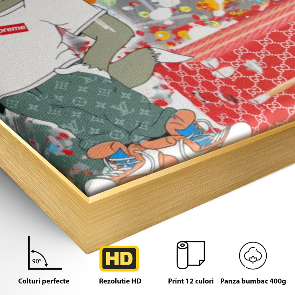 Detaliu al suprafetei: tablou canvas cu tom si jerry, in rama de aluminiu auriu
