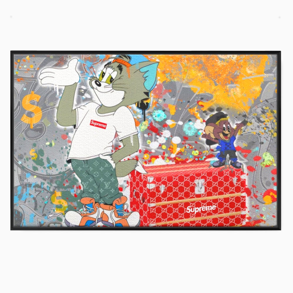 Tablou canvas cu tablou canvas cu tom si jerry, in rama de aluminiu negru