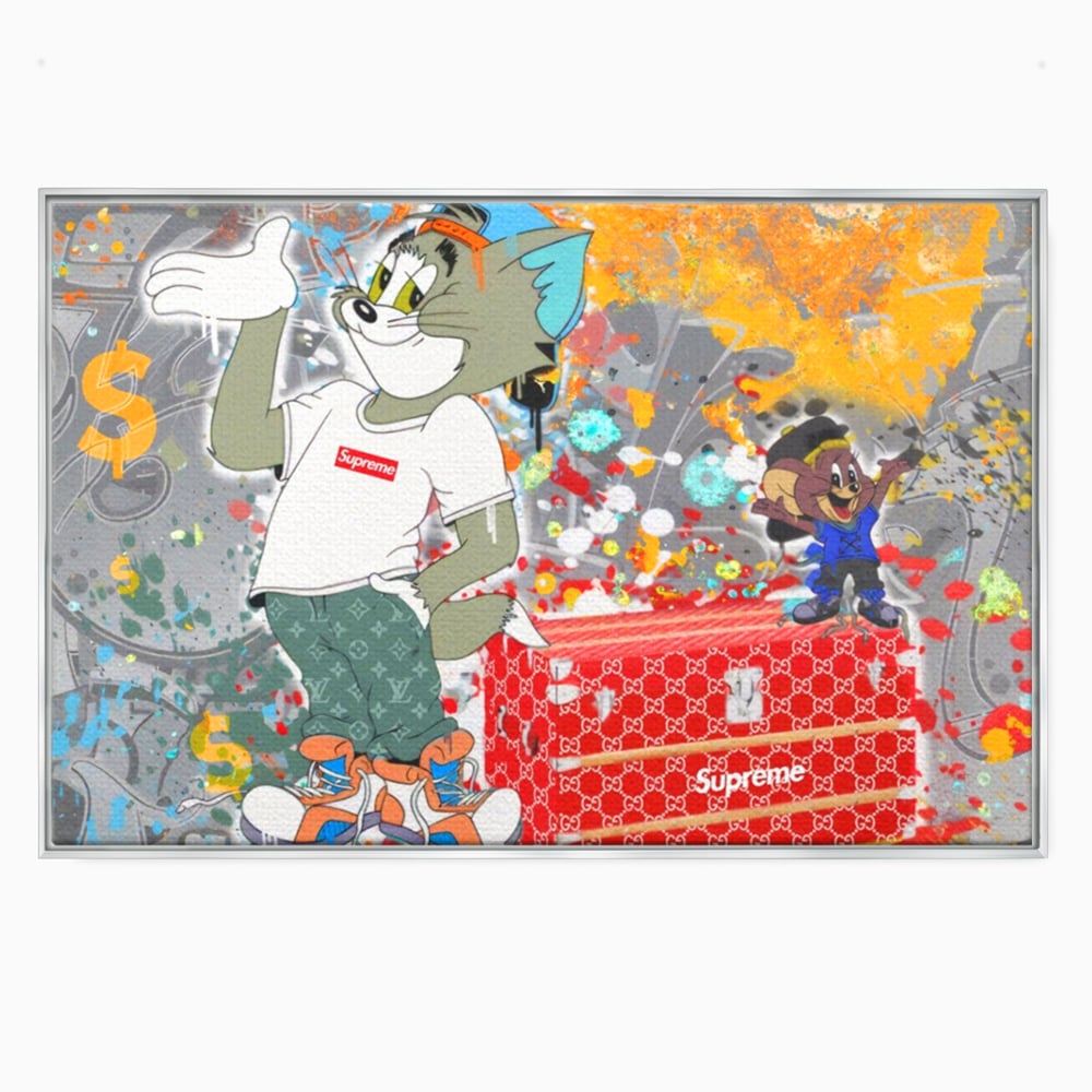 Tablou canvas cu tablou canvas cu tom si jerry, in rama de aluminiu argintiu