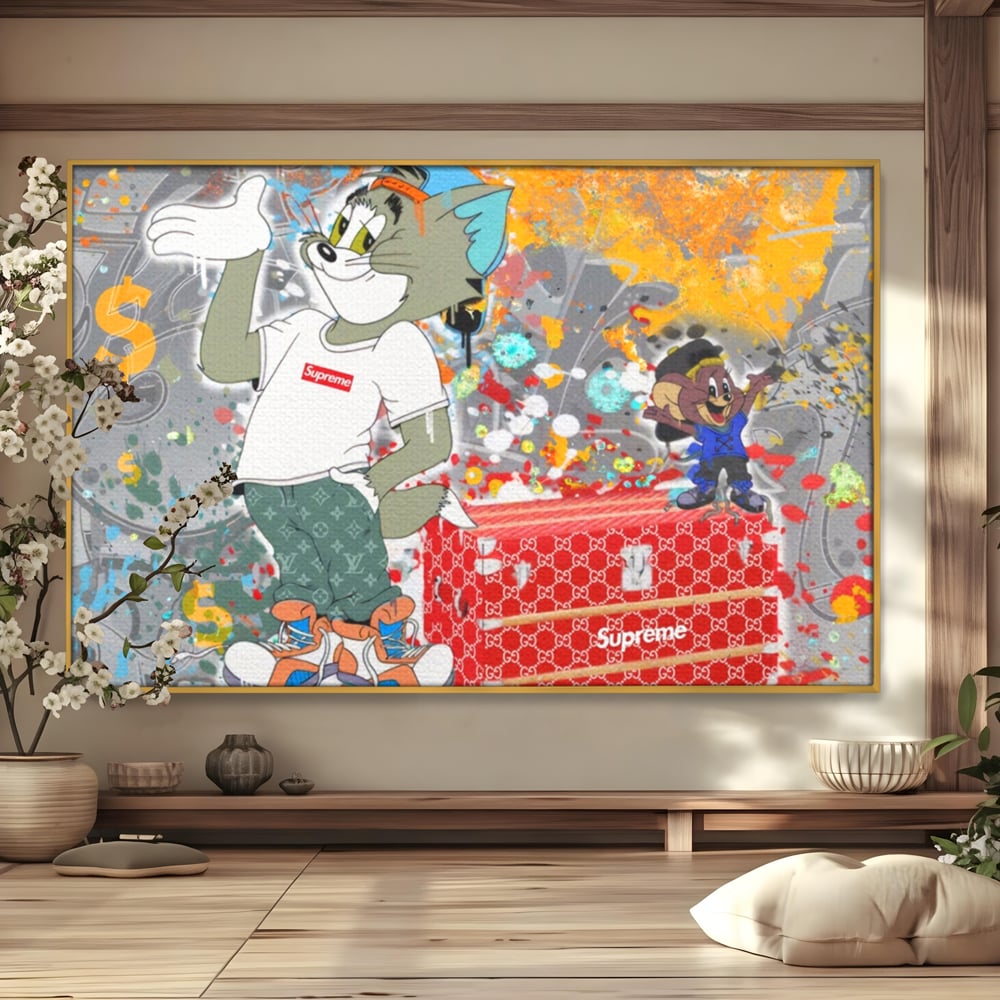 Tablou canvas cu tablou canvas cu tom si jerry, in rama de aluminiu auriu