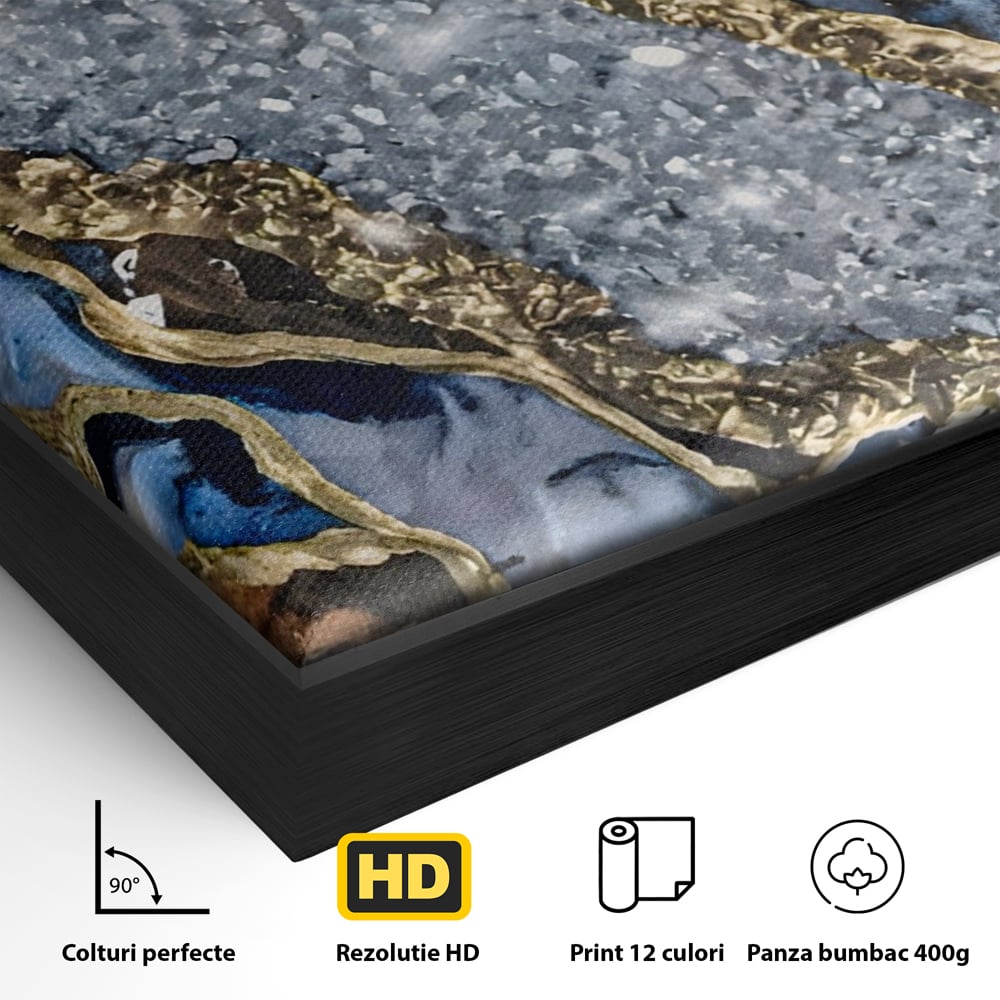Detaliu al suprafetei: pictura abstracta cu textura de marmura si detalii aurii, in rama de aluminiu negru