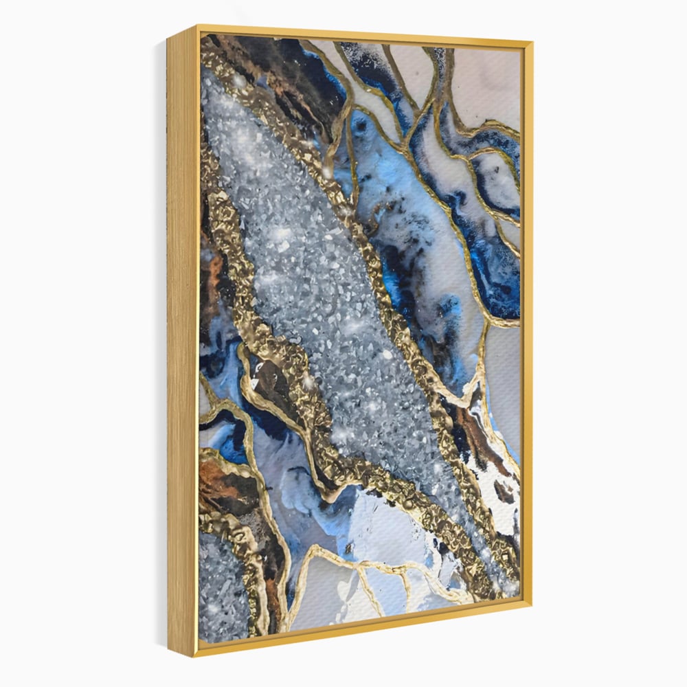 Tablou canvas cu pictura abstracta cu textura de marmura si detalii aurii, in rama de aluminiu auriu