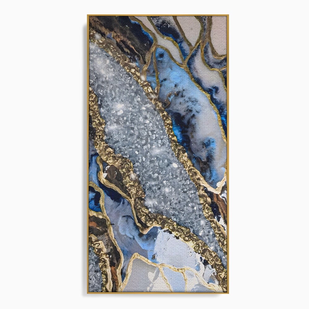 Tablou canvas cu pictura abstracta cu textura de marmura si detalii aurii, in rama de aluminiu auriu