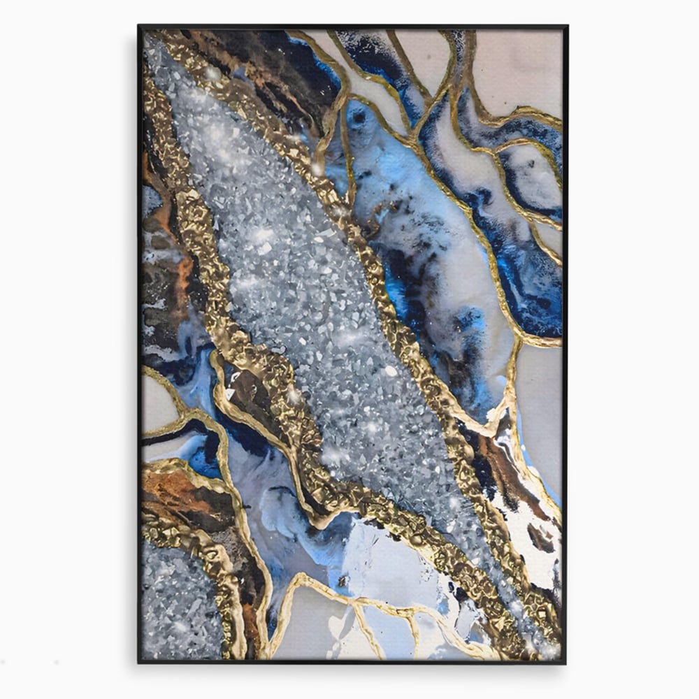 Tablou canvas cu pictura abstracta cu textura de marmura si detalii aurii, in rama de aluminiu negru