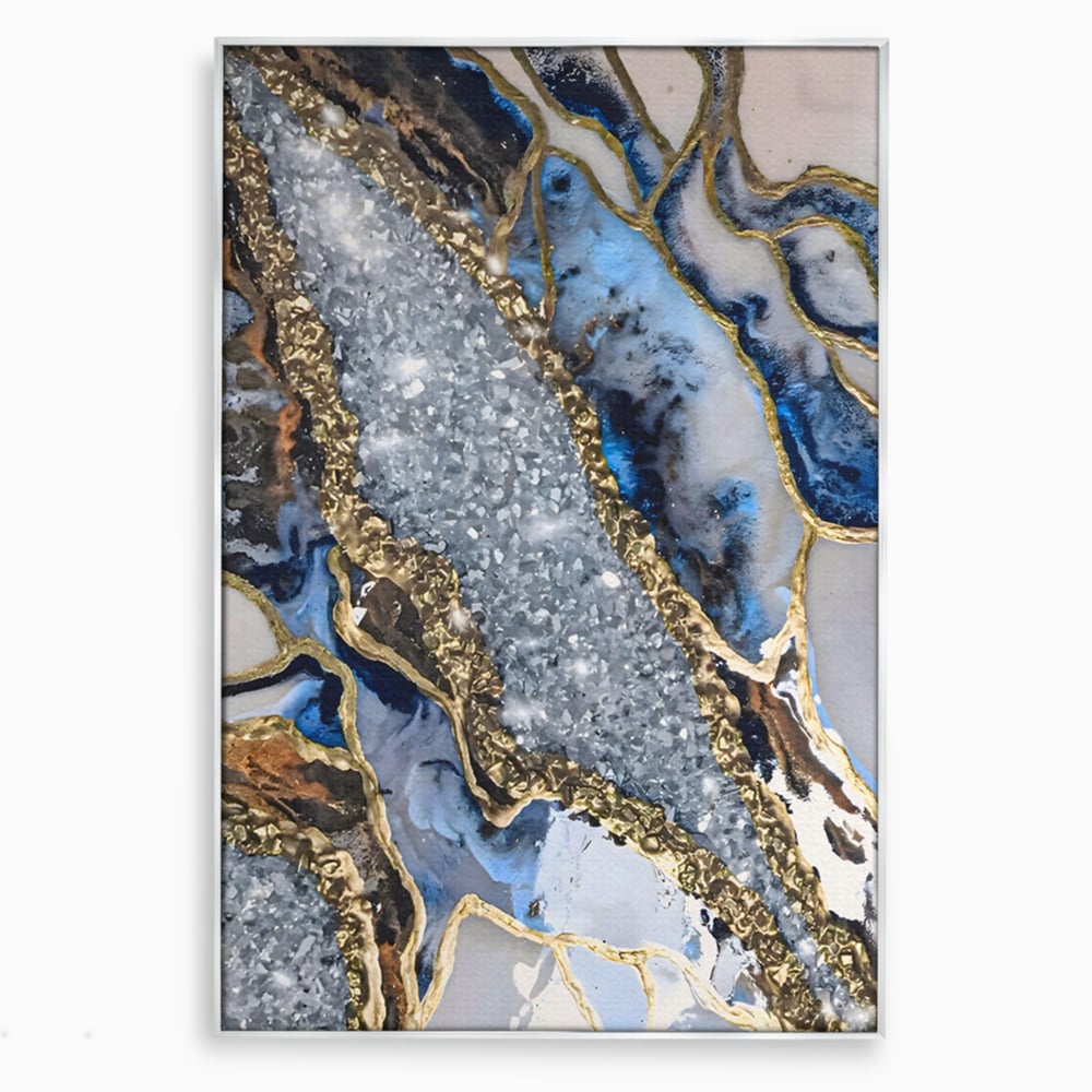 Tablou canvas cu pictura abstracta cu textura de marmura si detalii aurii, in rama de aluminiu argintiu