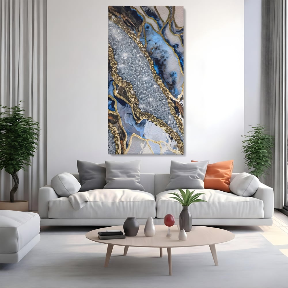 Tablou canvas cu pictura abstracta cu textura de marmura si detalii aurii, fara rama, pe sasiu de lemn, pe perete intr-un living
