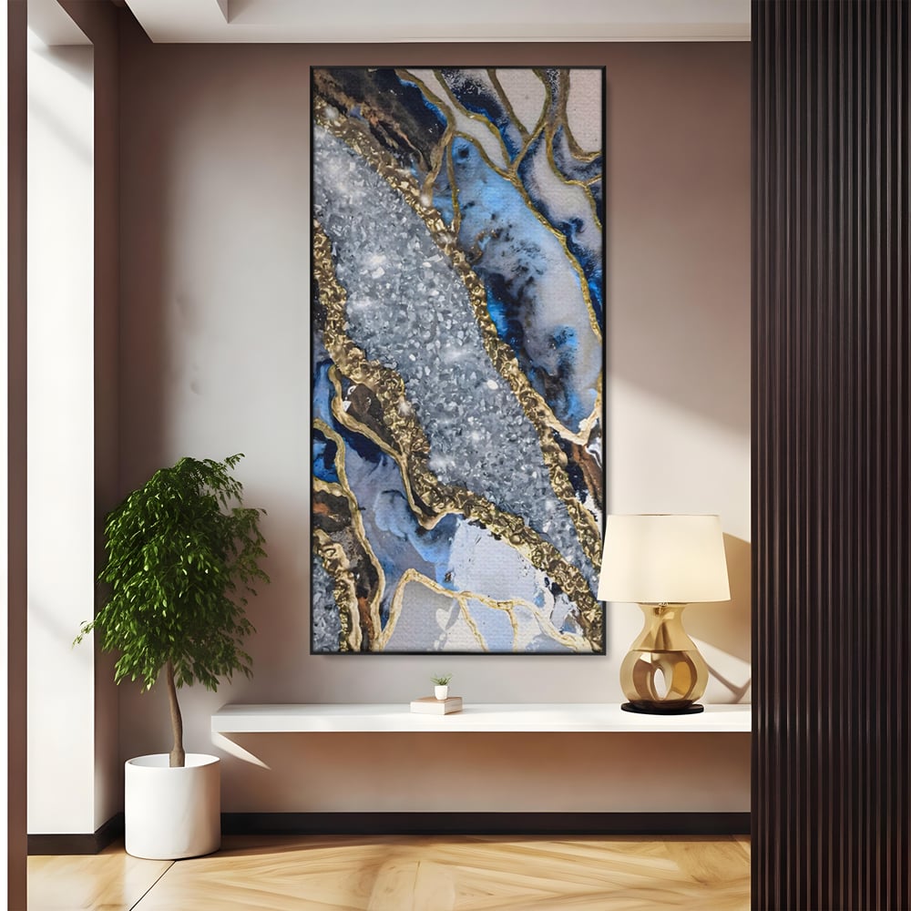Tablou canvas cu pictura abstracta cu textura de marmura si detalii aurii, in rama de aluminiu negru