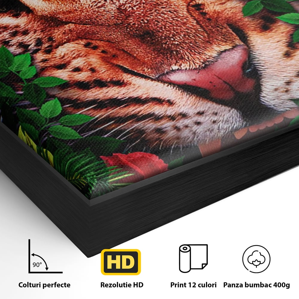 Detaliu al suprafetei: ilustratie digitala portret tigru in jungla, in rama de aluminiu negru