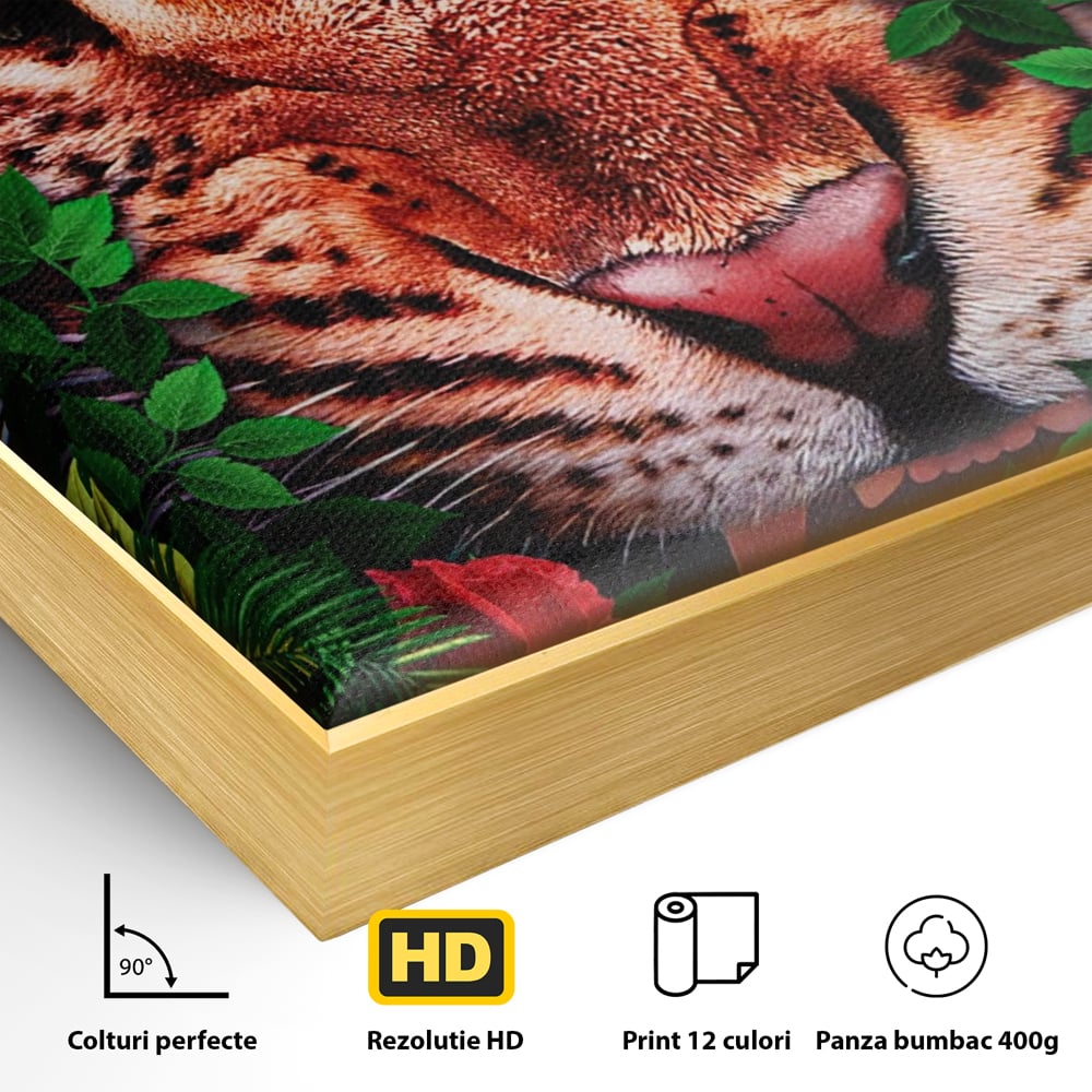 Detaliu al suprafetei: ilustratie digitala portret tigru in jungla, in rama de aluminiu auriu