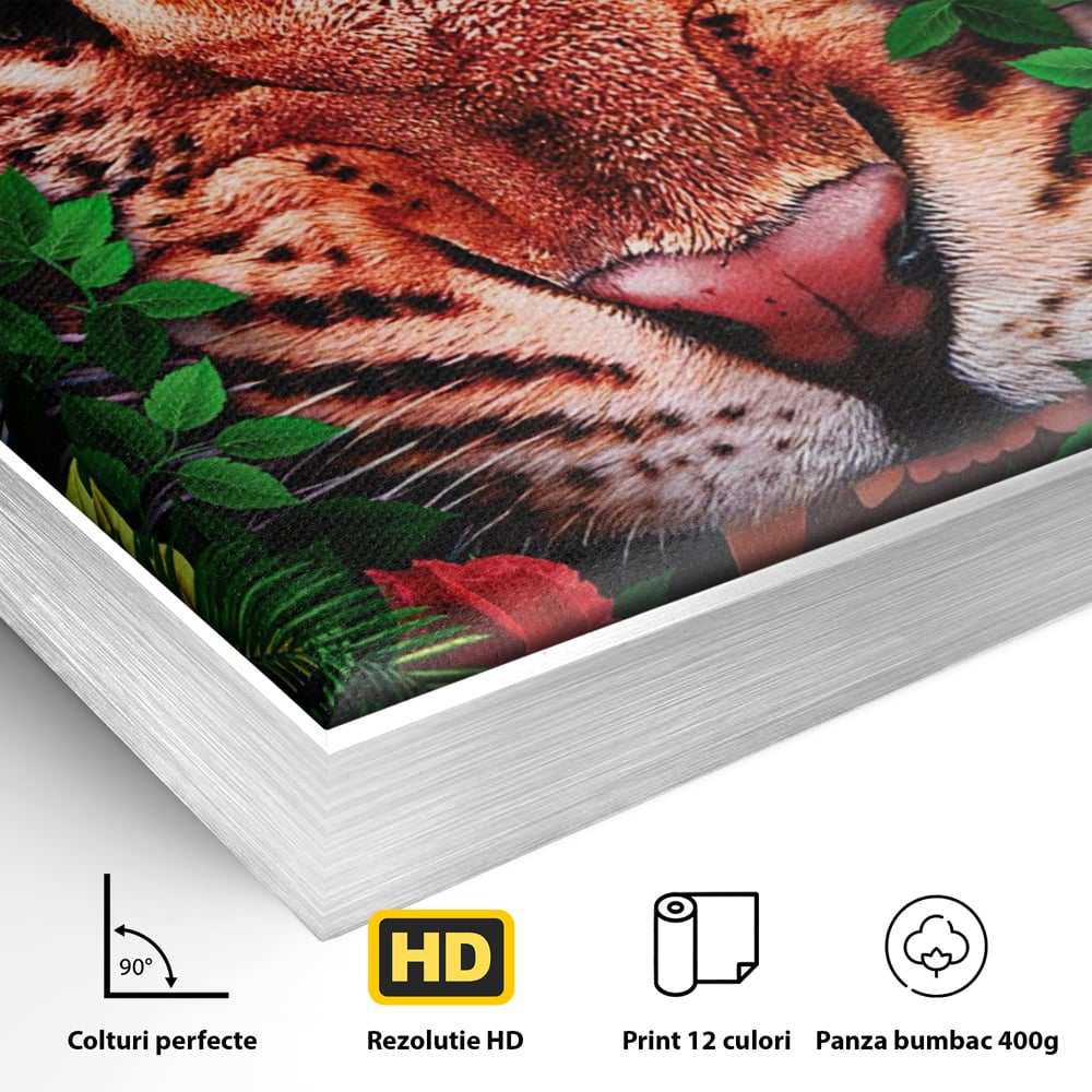 Detaliu al suprafetei: ilustratie digitala portret tigru in jungla, in rama de aluminiu argintiu