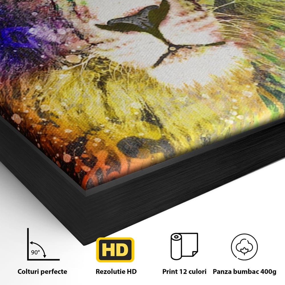 Detaliu al suprafetei: tablou canvas cu leu pictat, in rama de aluminiu negru