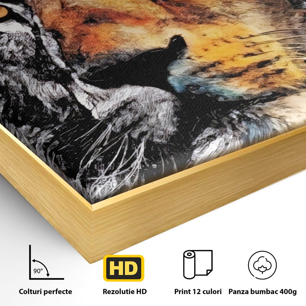 Detaliu al suprafetei: tablou canvas cu leu stilizat, in rama de aluminiu auriu