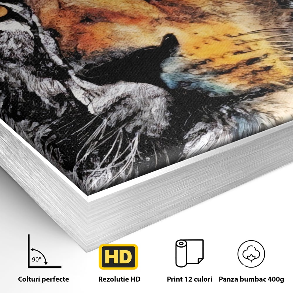 Detaliu al suprafetei: tablou canvas cu leu stilizat, in rama de aluminiu argintiu