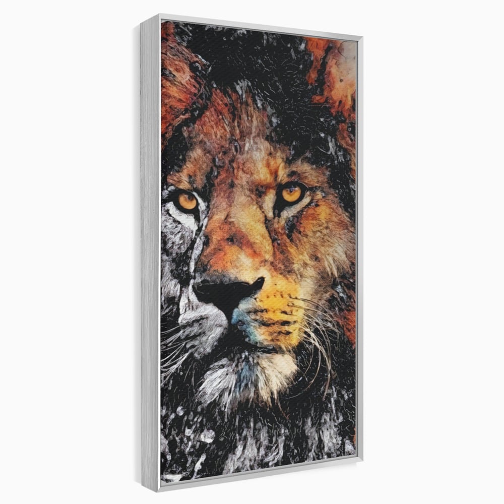 Tablou canvas cu tablou canvas cu leu stilizat, in rama de aluminiu argintiu