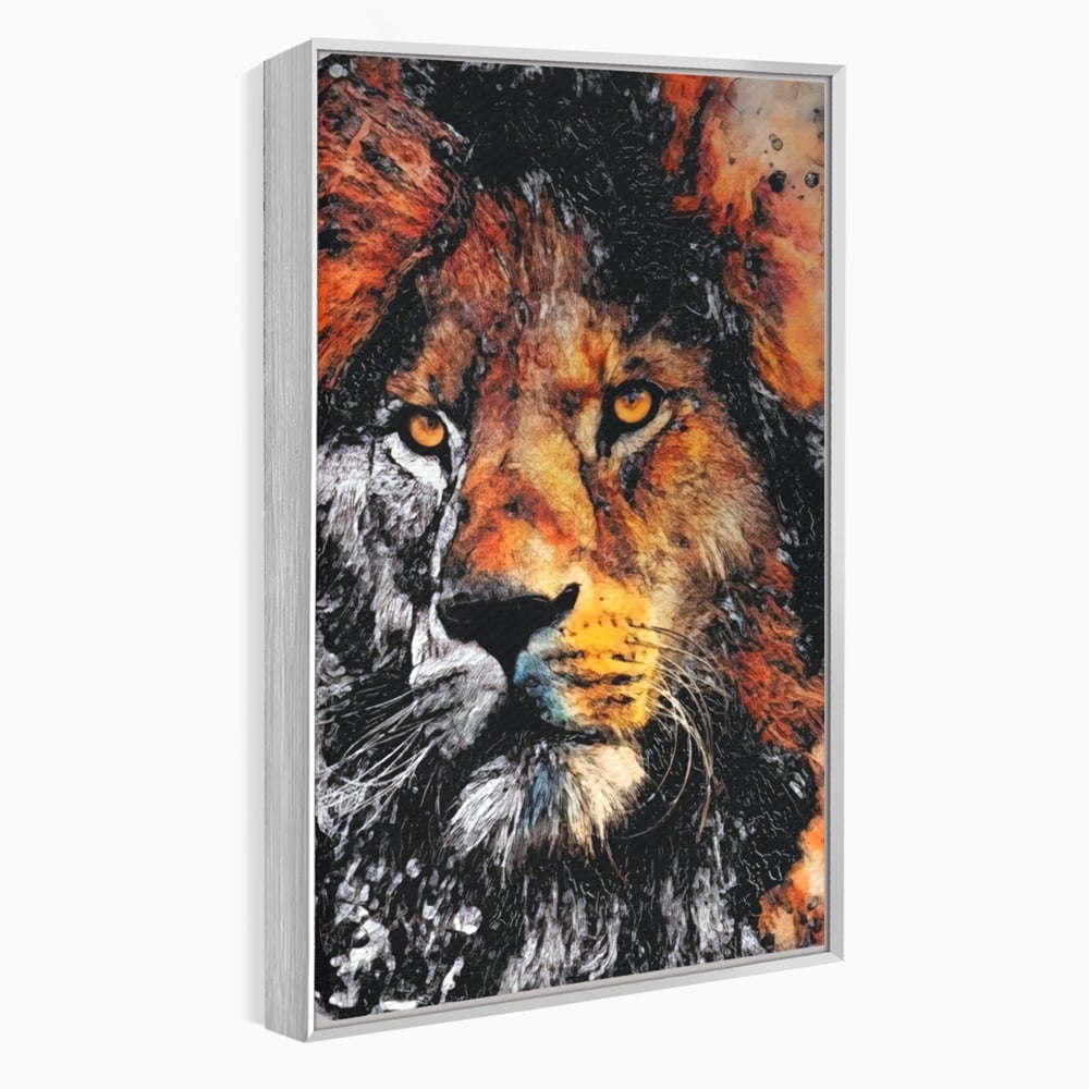 Tablou canvas cu tablou canvas cu leu stilizat, in rama de aluminiu argintiu