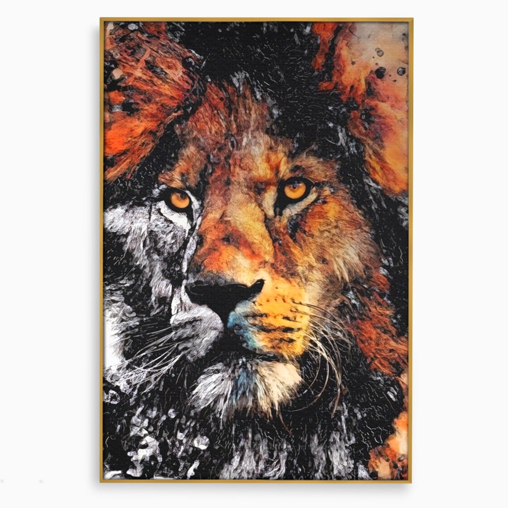 Tablou canvas cu tablou canvas cu leu stilizat, in rama de aluminiu auriu