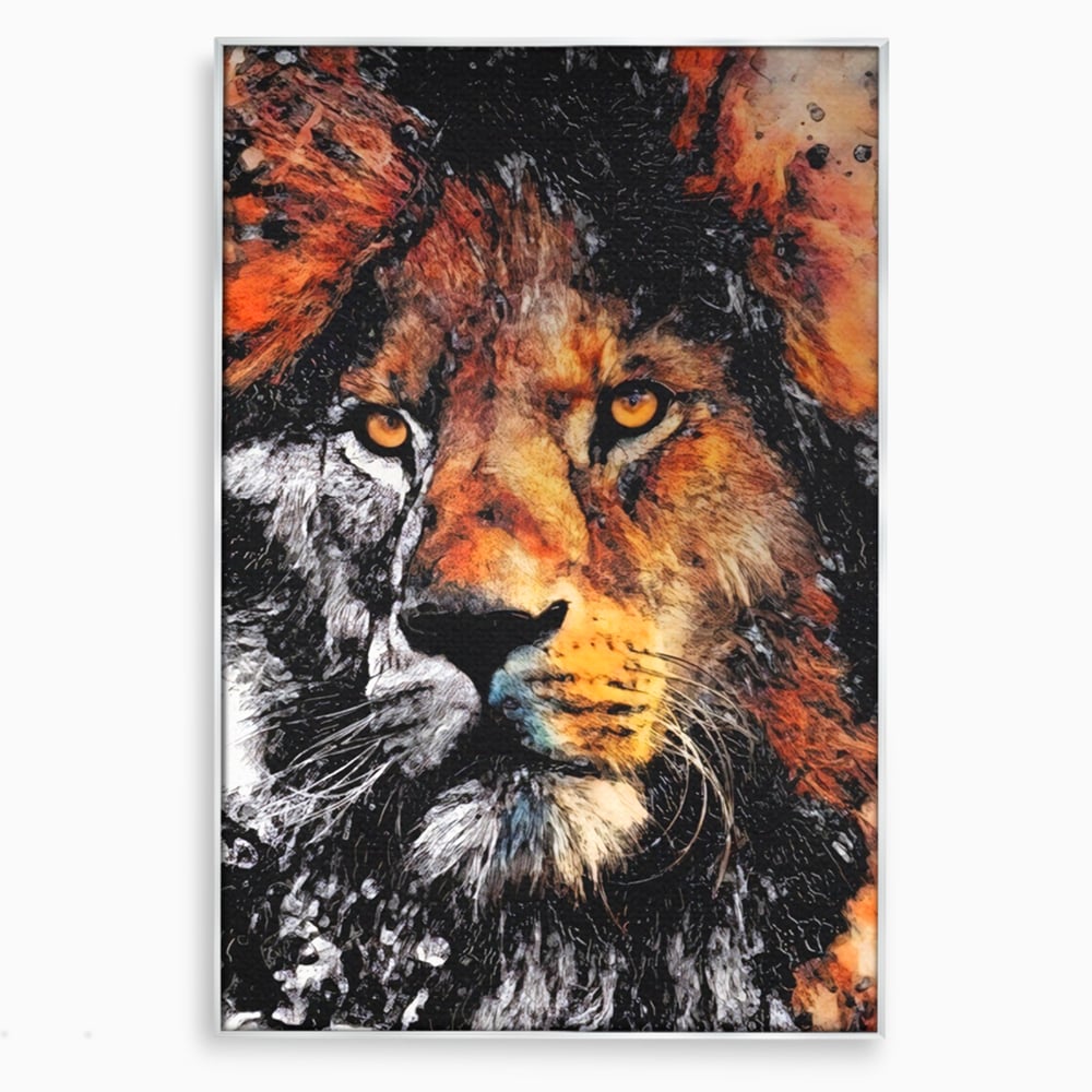 Tablou canvas cu tablou canvas cu leu stilizat, in rama de aluminiu argintiu