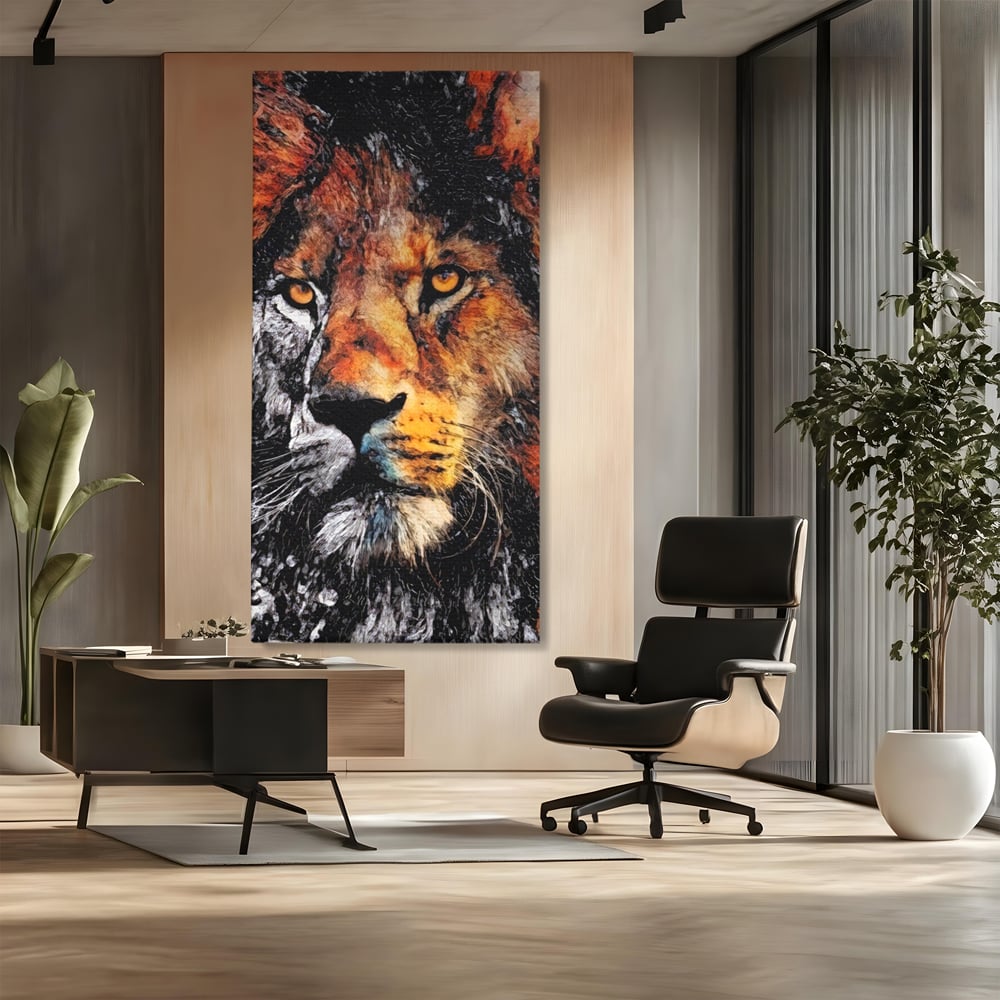 Tablou canvas cu tablou canvas cu leu stilizat, fara rama, pe sasiu de lemn, pe perete intr-un birou