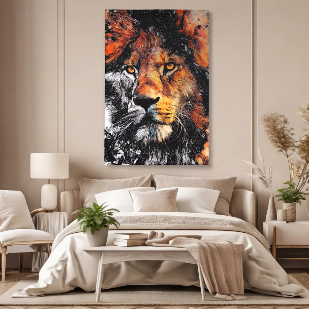 Tablou canvas cu tablou canvas cu leu stilizat, fara rama, pe sasiu de lemn, pe perete intr-un dormitor
