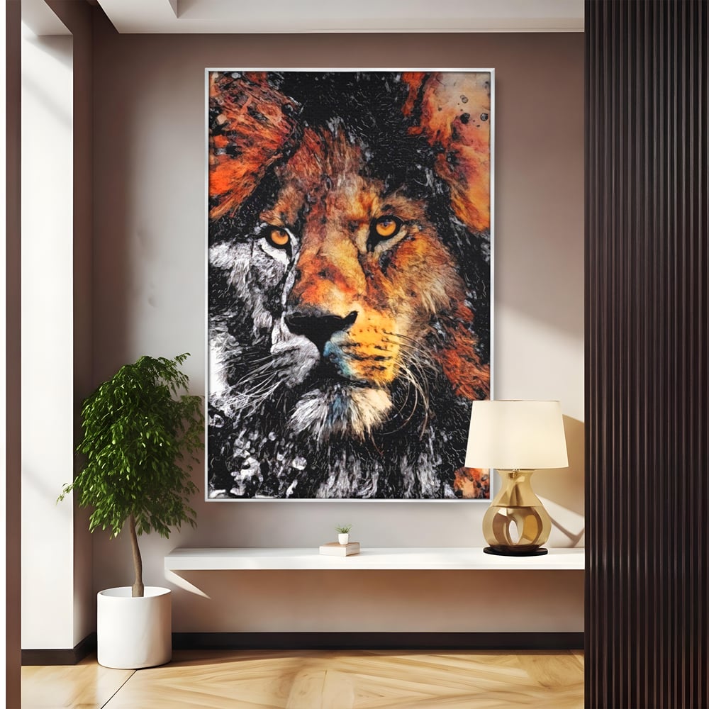 Tablou canvas cu tablou canvas cu leu stilizat, in rama de aluminiu argintiu