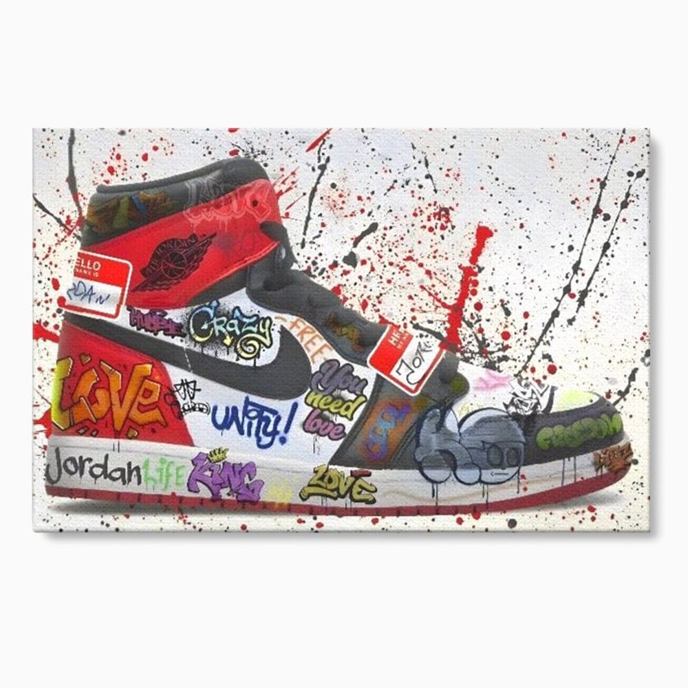 Tablou canvas cu pictura adidasi air jordan cu graffiti, fara rama, pe sasiu de lemn