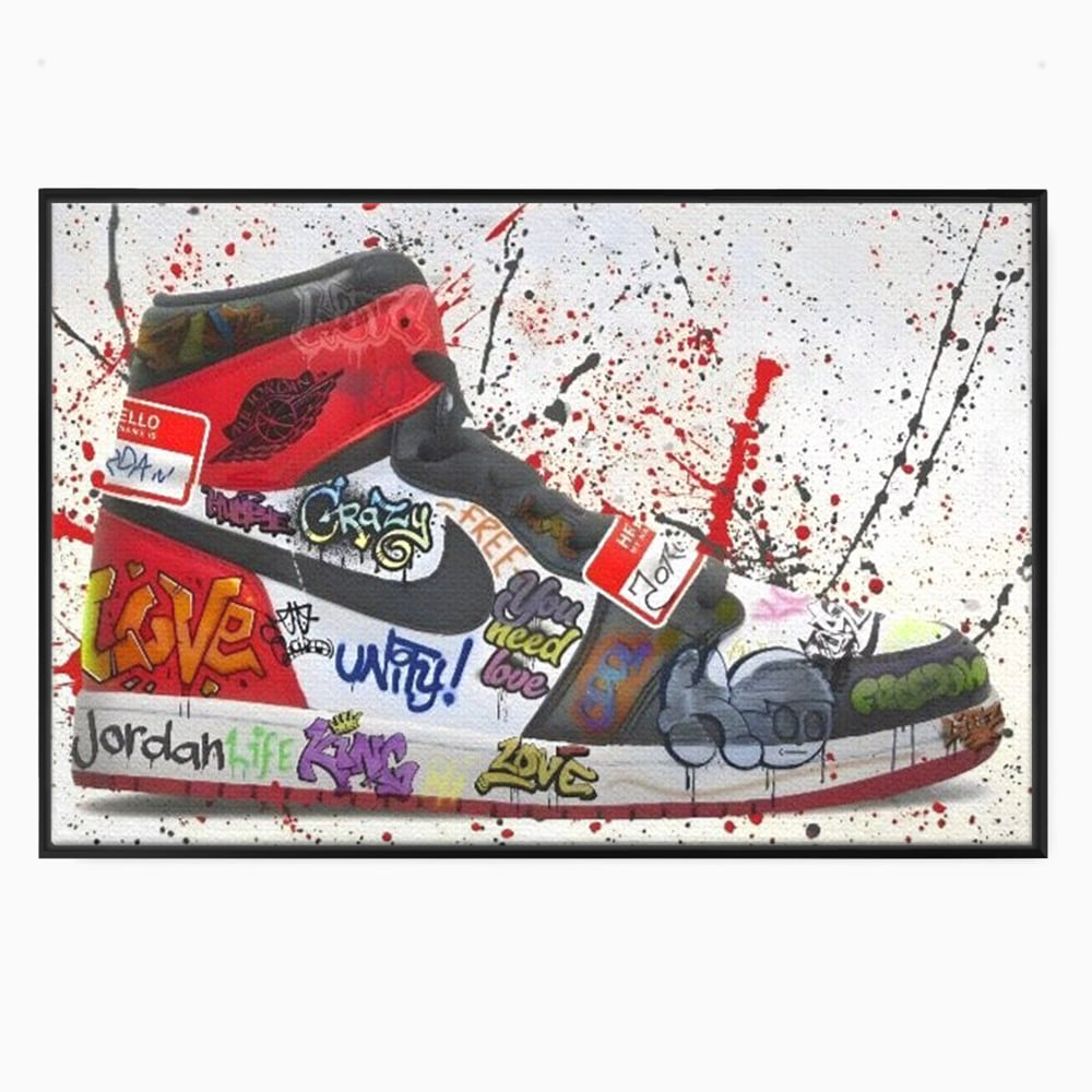 Tablou canvas cu pictura adidasi air jordan cu graffiti, in rama de aluminiu negru