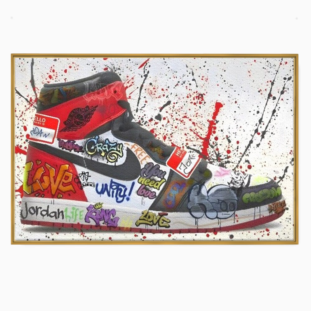 Tablou canvas cu pictura adidasi air jordan cu graffiti, in rama de aluminiu auriu