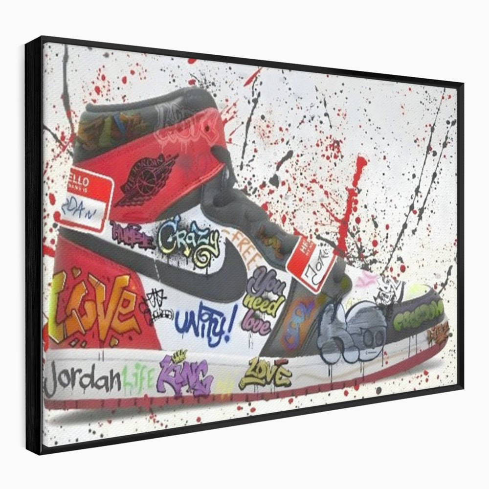 Tablou canvas cu pictura adidasi air jordan cu graffiti, in rama de aluminiu negru