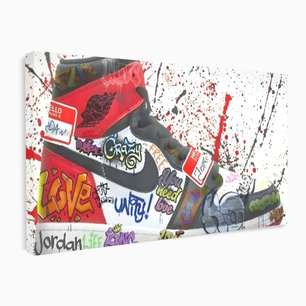 Tablou canvas cu pictura adidasi air jordan cu graffiti, fara rama, pe sasiu de lemn