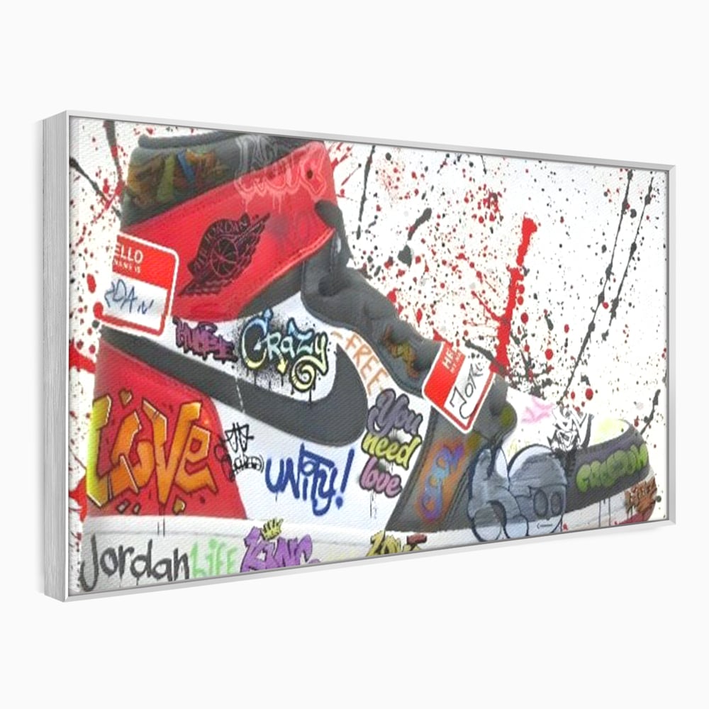 Tablou canvas cu pictura adidasi air jordan cu graffiti, in rama de aluminiu argintiu