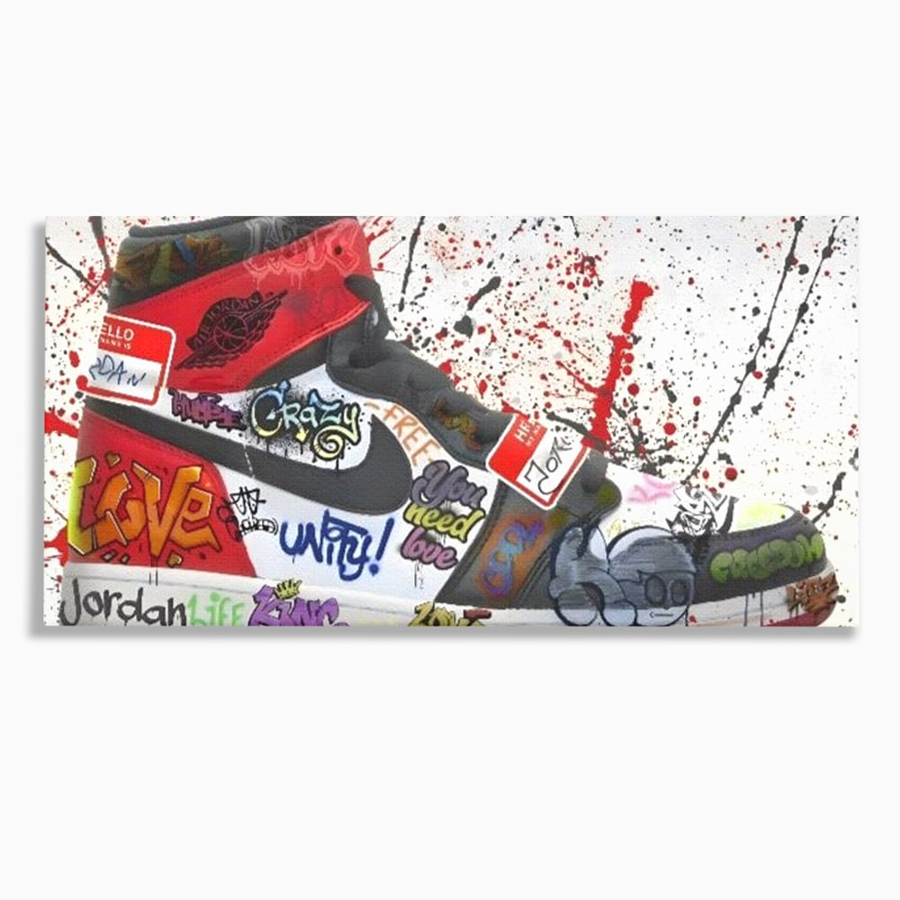 Tablou canvas cu pictura adidasi air jordan cu graffiti, fara rama, pe sasiu de lemn