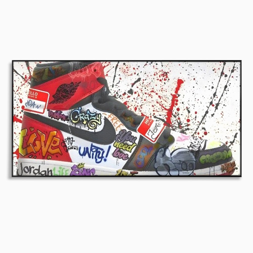 Tablou canvas cu pictura adidasi air jordan cu graffiti, in rama de aluminiu negru