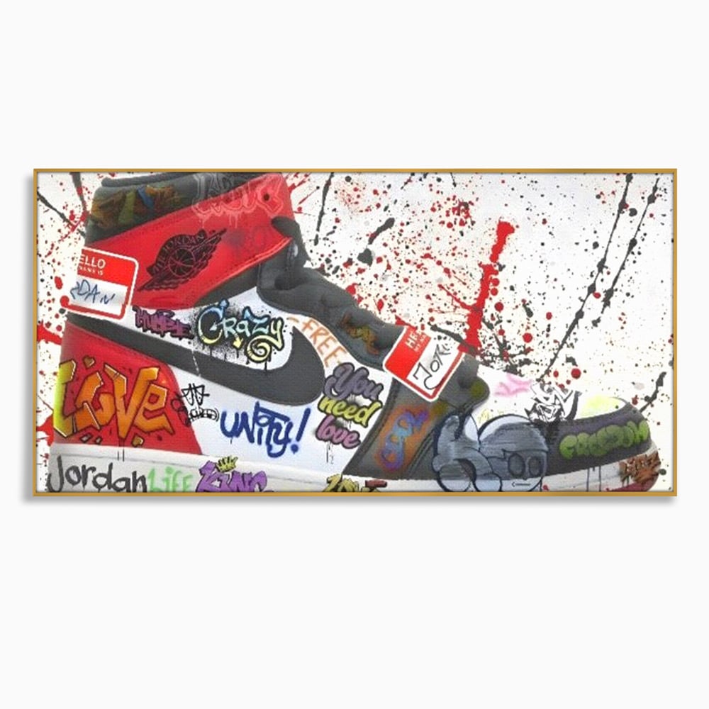 Tablou canvas cu pictura adidasi air jordan cu graffiti, in rama de aluminiu auriu