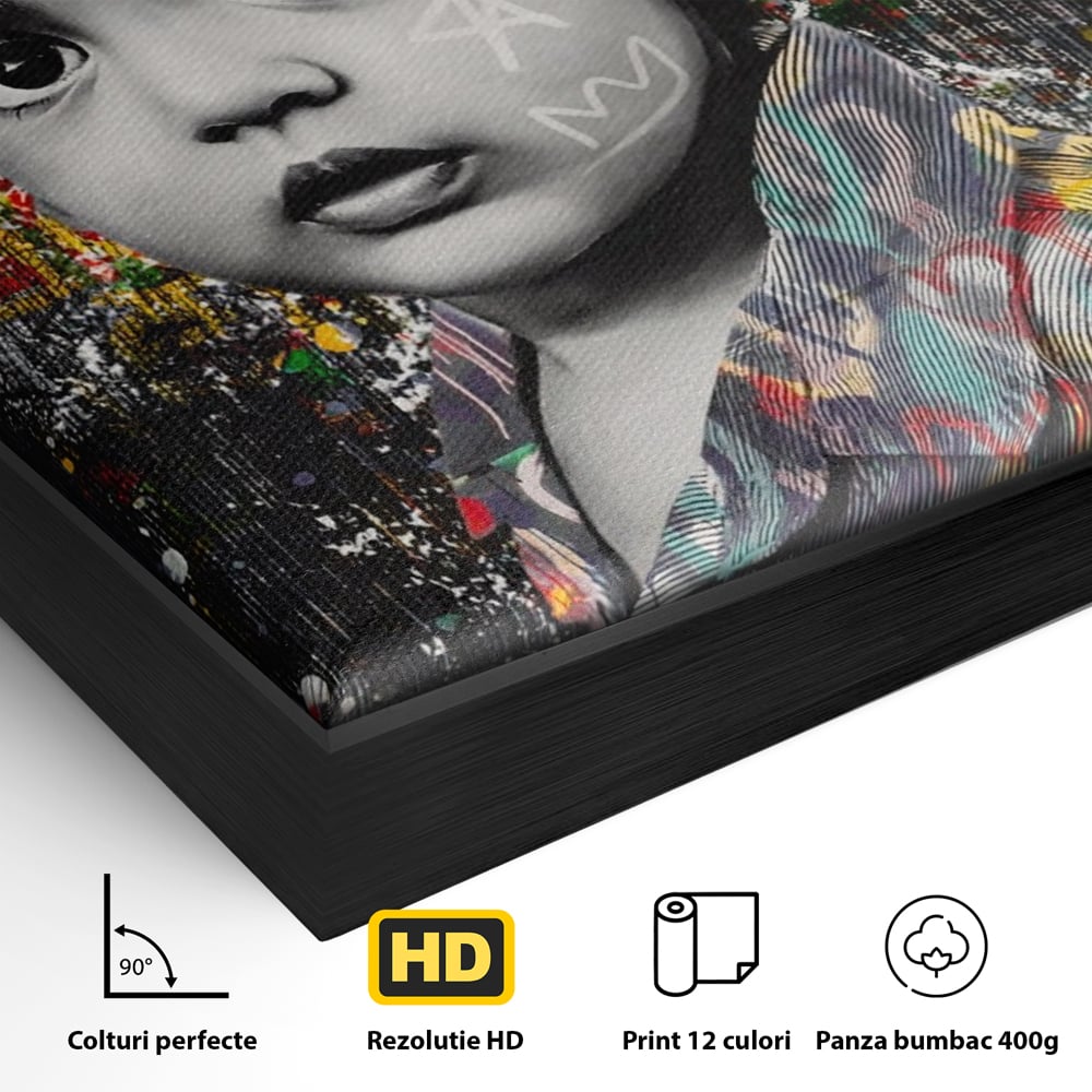 Detaliu al suprafetei: tablou canvas cu portretul unui copil si graffiti, in rama de aluminiu negru