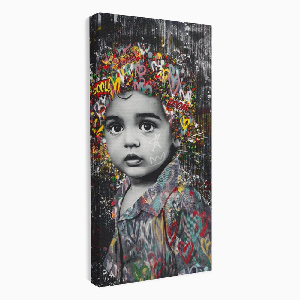 Tablou canvas cu tablou canvas cu portretul unui copil si graffiti, fara rama, pe sasiu de lemn