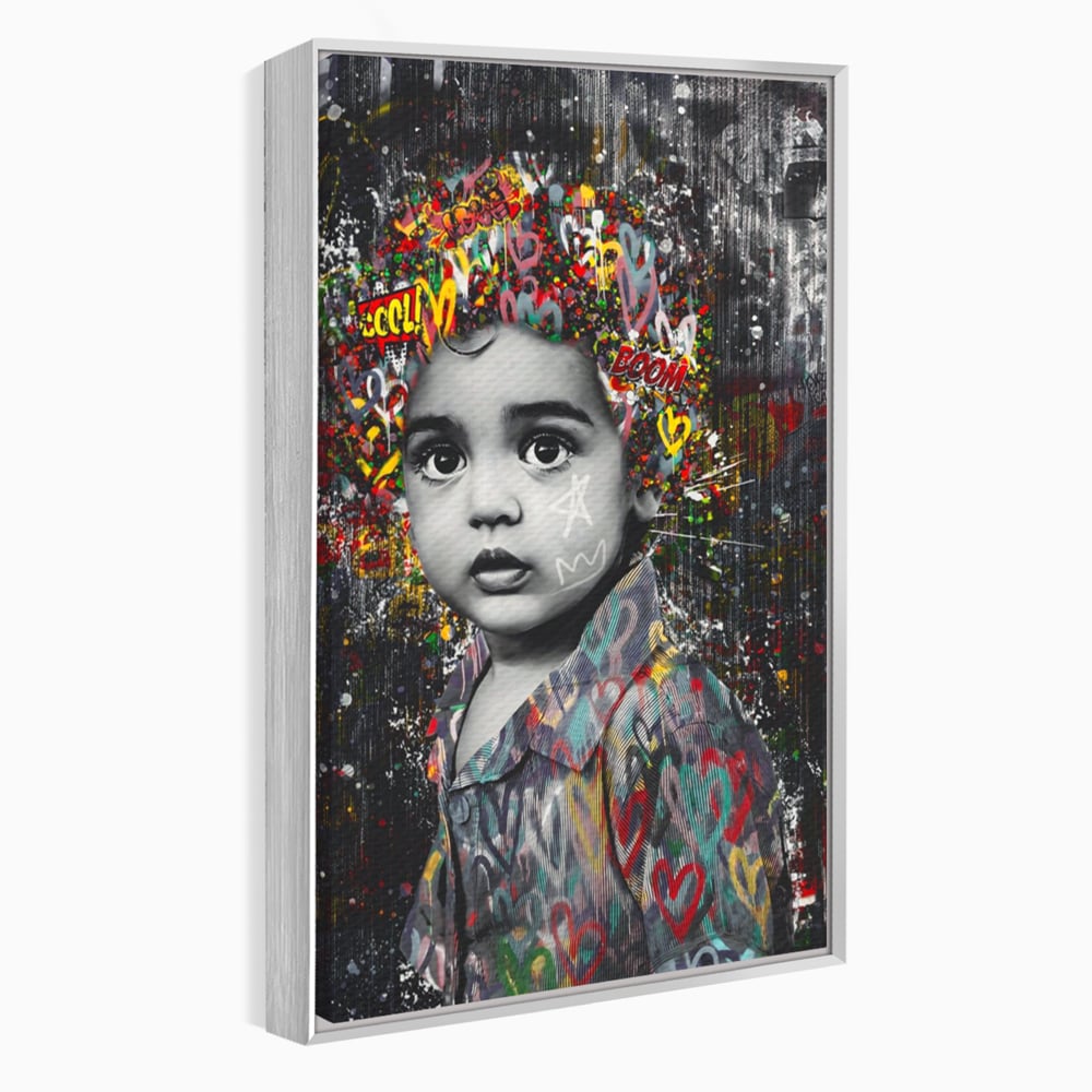 Tablou canvas cu tablou canvas cu portretul unui copil si graffiti, in rama de aluminiu argintiu