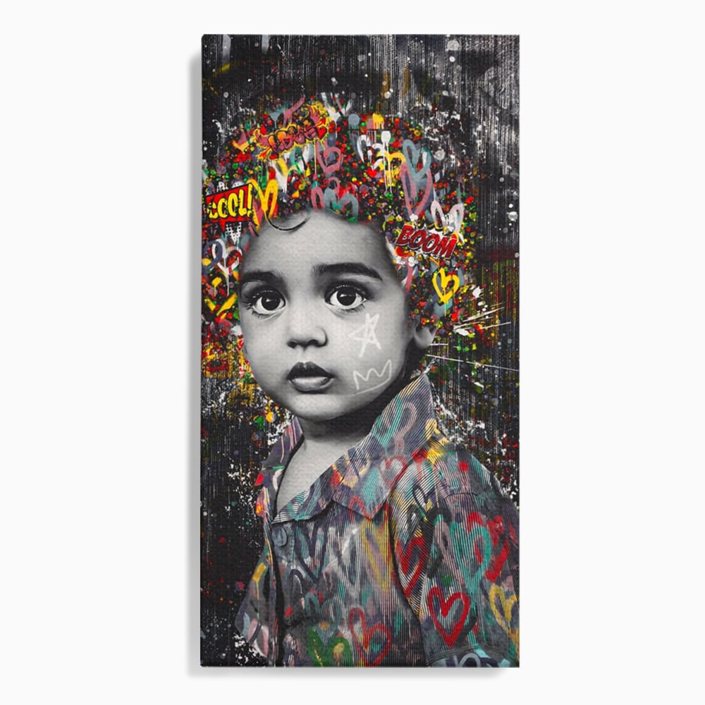 Tablou canvas cu tablou canvas cu portretul unui copil si graffiti, fara rama, pe sasiu de lemn