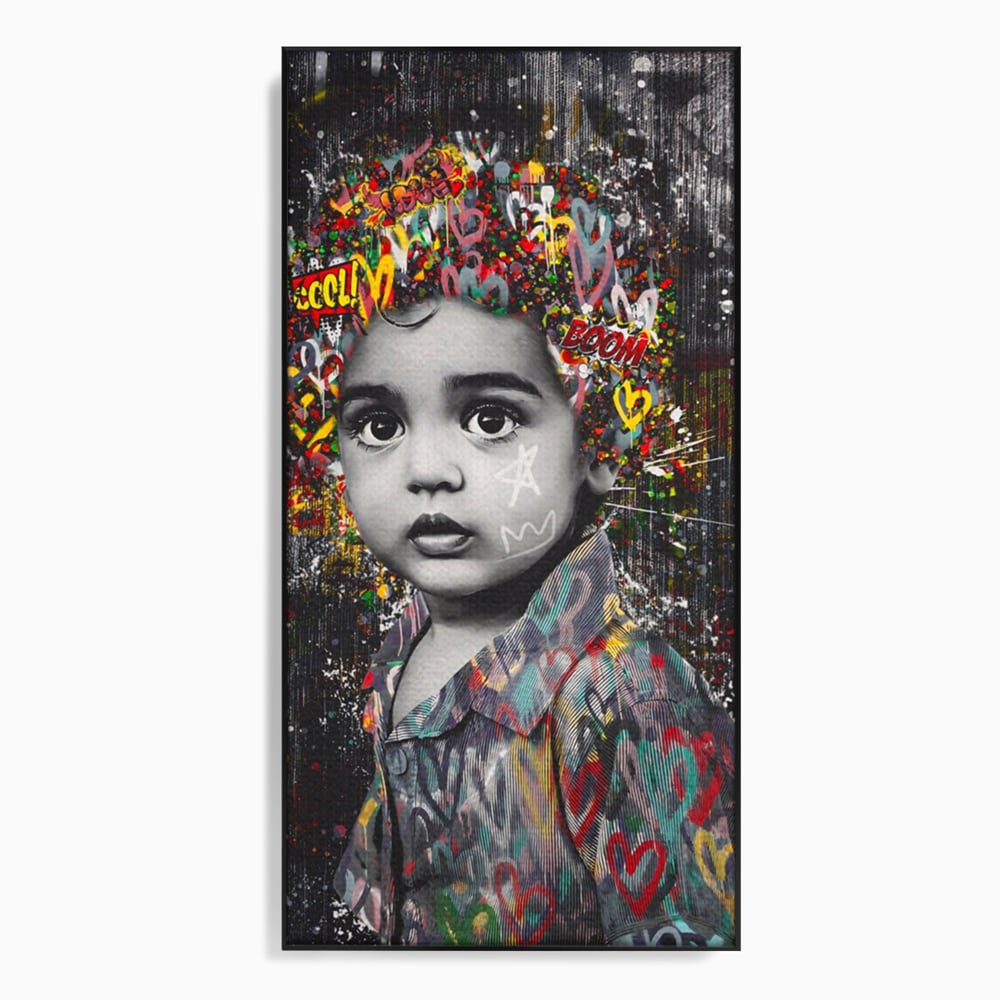 Tablou canvas cu tablou canvas cu portretul unui copil si graffiti, in rama de aluminiu negru