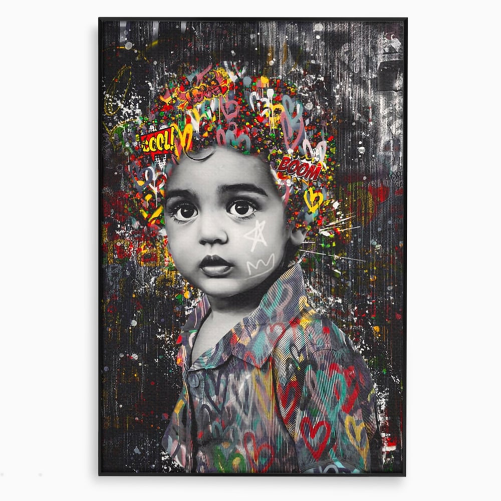 Tablou canvas cu tablou canvas cu portretul unui copil si graffiti, in rama de aluminiu negru