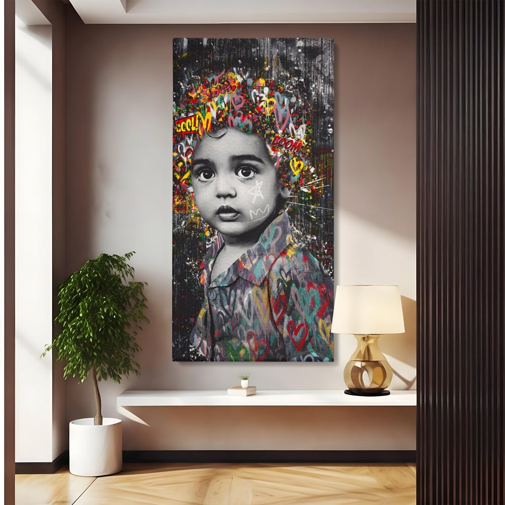 Tablou canvas cu tablou canvas cu portretul unui copil si graffiti, fara rama, pe sasiu de lemn