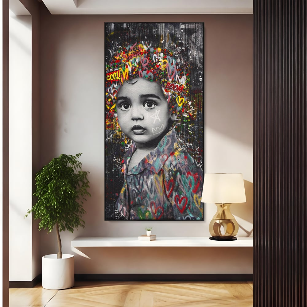 Tablou canvas cu tablou canvas cu portretul unui copil si graffiti, in rama de aluminiu negru