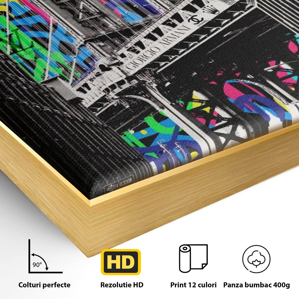 Detaliu al suprafetei: tablou canvas cu pod si graffiti, in rama de aluminiu auriu