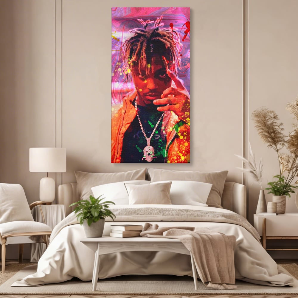 Tablou canvas cu tablou portret juice wrld, fara rama, pe sasiu de lemn, pe perete intr-un dormitor