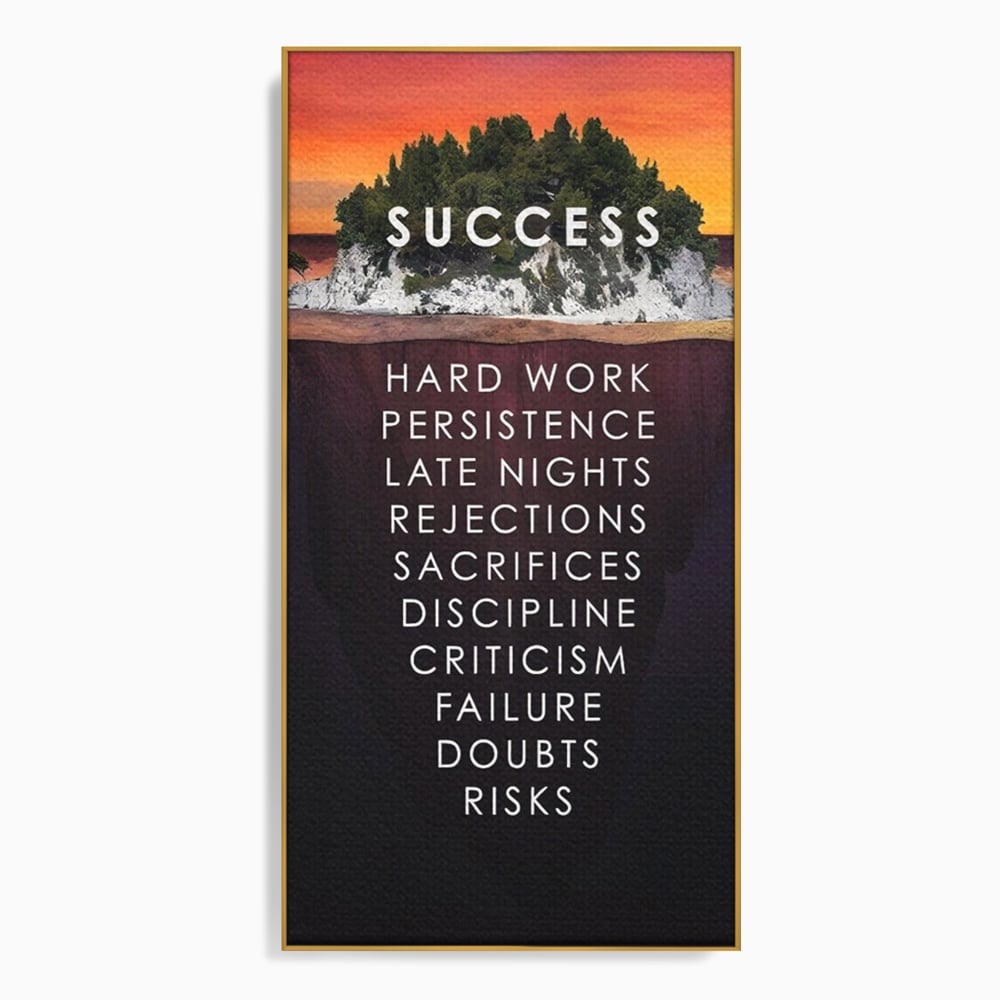 Tablou canvas cu tablou motivational cu iceberg si insula, in rama de aluminiu auriu