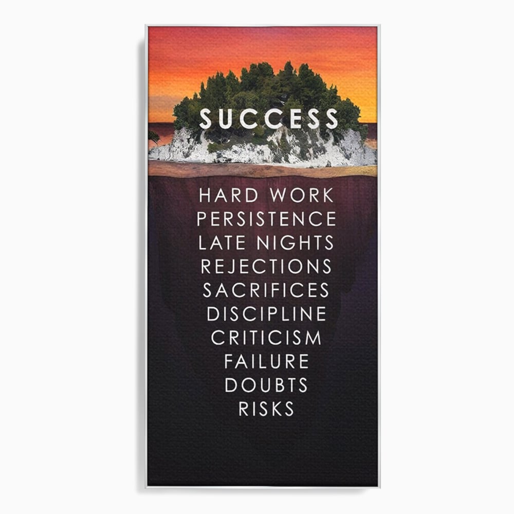 Tablou canvas cu tablou motivational cu iceberg si insula, in rama de aluminiu argintiu